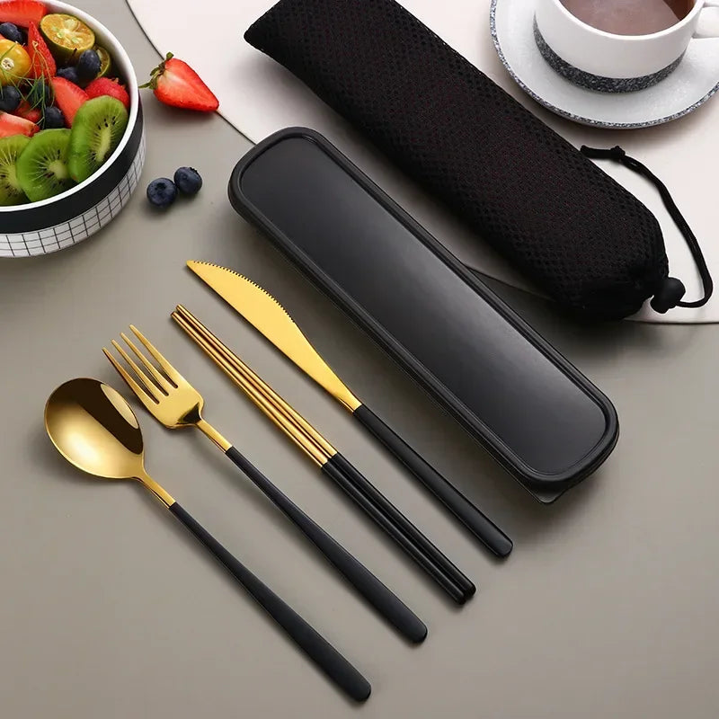 4pcs 304 Tableware Set Portable Cutlery Dinner Stainless Steel Knife Fork Spoon Chopsticks Travel Flatware With Box For New Year