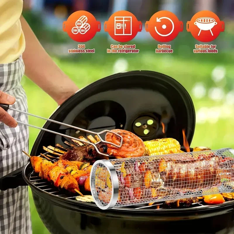 Barbecue Cages Barbecue Grill Grate Set BBQ Rolling Grilling Basket Round BBQ Campfire Grill Grid Rolling Grill Basket