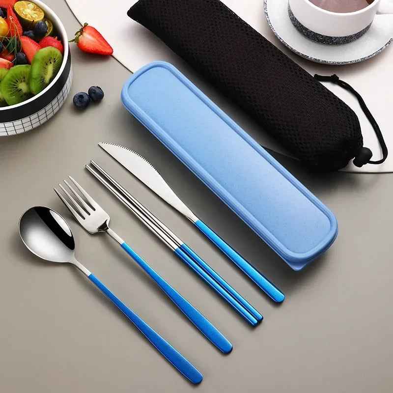 4pcs 304 Tableware Set Portable Cutlery Dinner Stainless Steel Knife Fork Spoon Chopsticks Travel Flatware With Box For New Year