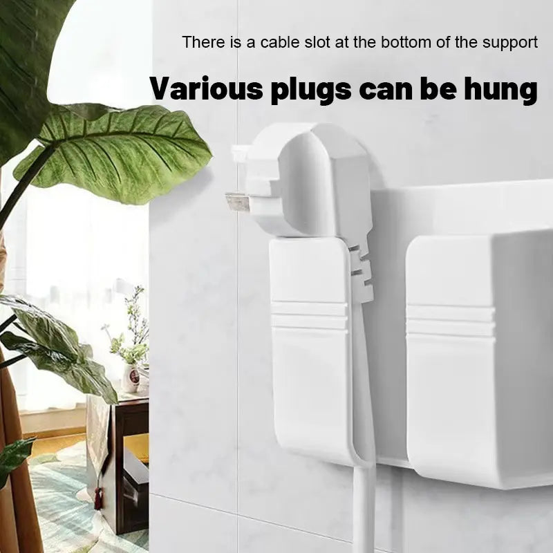 1Pc White Punch Free Wall Mount Phone Plug Holder Mobile Phone Charging Stand Air Conditioner TV Remote Control Storage Box