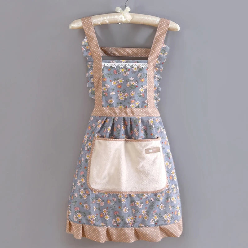 1PC Lovely Canvas Apron Female Household Kitchen Cooking Antifouling Breathable Wear Cleaning Suitable