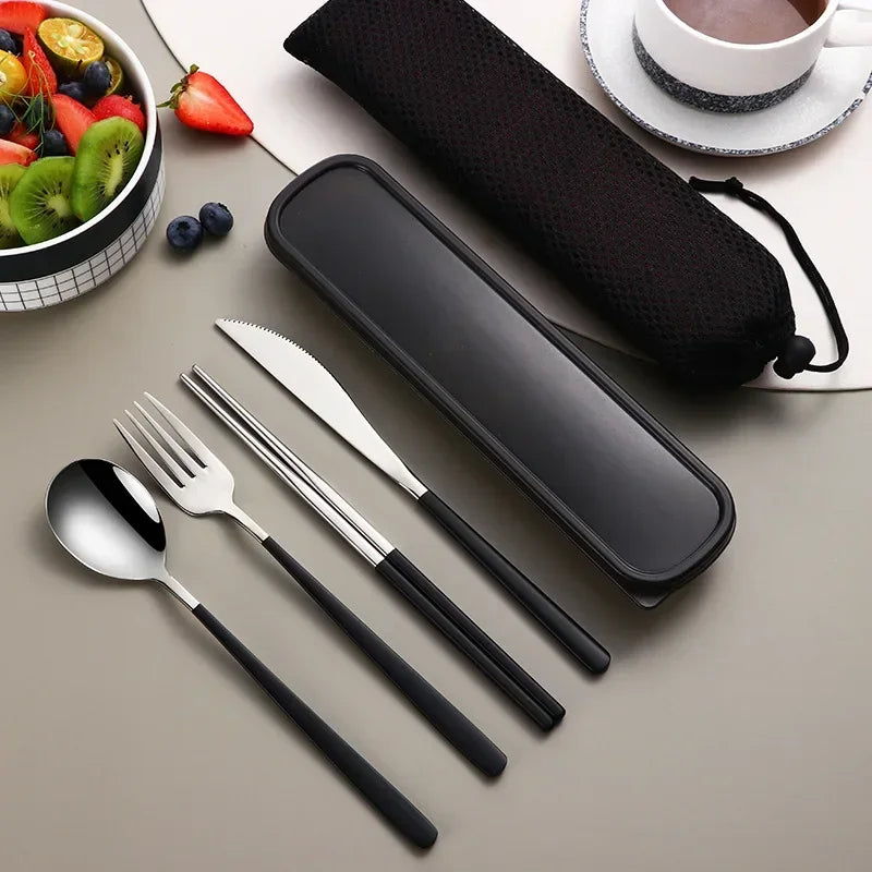 4pcs 304 Tableware Set Portable Cutlery Dinner Stainless Steel Knife Fork Spoon Chopsticks Travel Flatware With Box For New Year