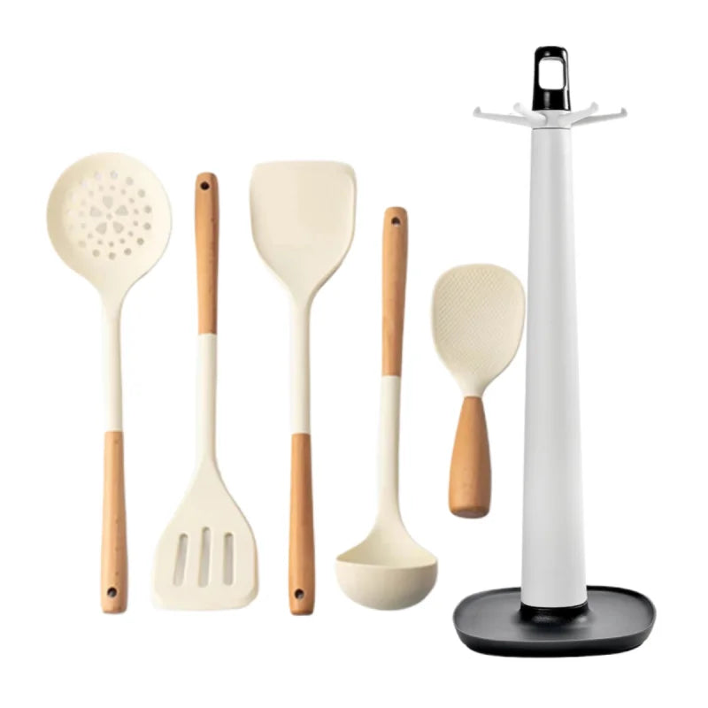 Silicone Kitchen Utensils Set Wooden Handle Non-stick Spatula Cookware Set Fried Shovel Leaky Spoon Rice Spoon Kitchen Tool Sets