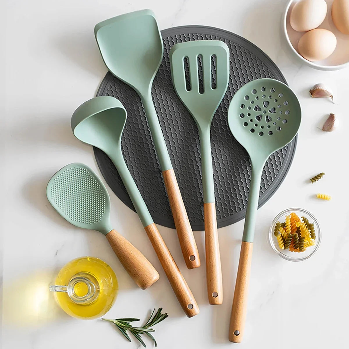 Silicone Kitchen Utensils Set Wooden Handle Non-stick Spatula Cookware Set Fried Shovel Leaky Spoon Rice Spoon Kitchen Tool Sets