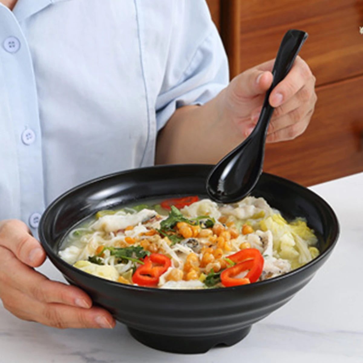 Thickened Plastic Ramen Bowl, Anti-Fall Salad Bowl, Solid Color Spicy Soup Bowl High Temperature Resistance Fashionable