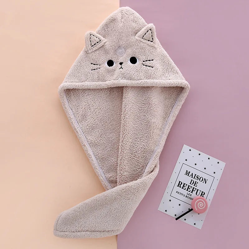 Cute Soft Microfiber Towels Shower Cap Towel Bath Hats Dry Hair Cap Quick Drying Cat Hat for Women Lady Turban Head Girl Towel