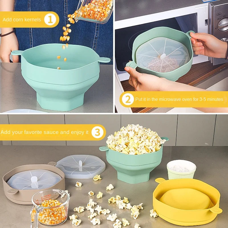 Silicone Microwave Popcorn Bowl Foldable Popcorn Maker Bucket Bowl with Lid Folding Large Capacity Popcorn Kitchen Baking Tools