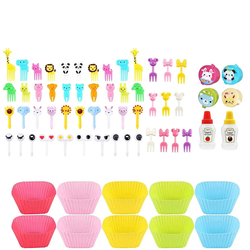 Mini Fruit Forks For Children Kids Cute Animal Snack Food Picks Toothpicks Bento-Box Accessories Set Silicone Lunch Box Dividers