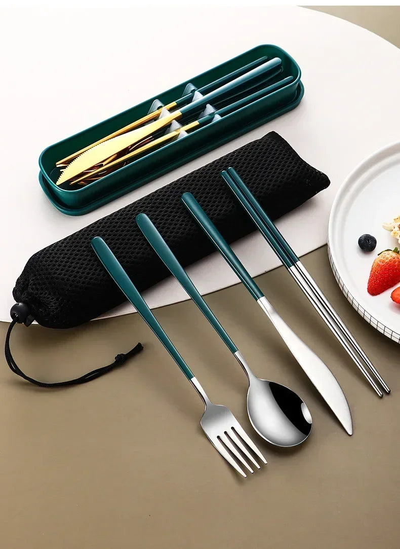 4pcs 304 Tableware Set Portable Cutlery Dinner Stainless Steel Knife Fork Spoon Chopsticks Travel Flatware With Box For New Year